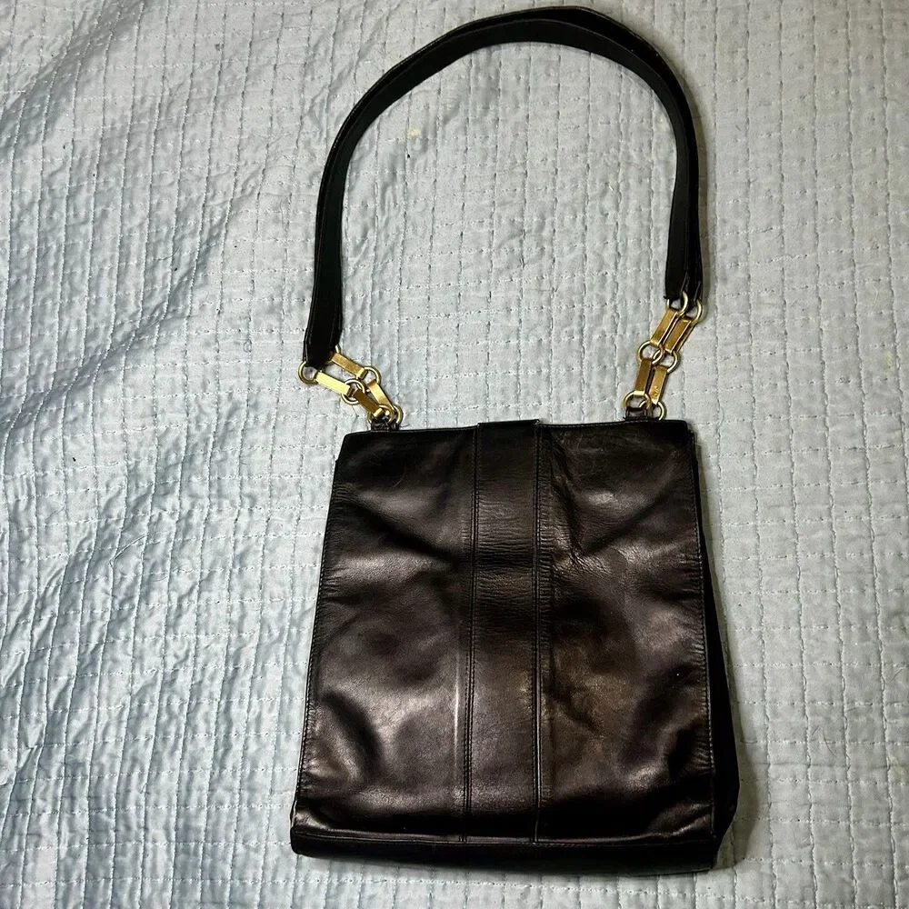 Mark Cross Black Leather Messenger Bag, Gold Tone Hardware, Classic, Preppy